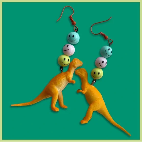 Orange Dinosaur Earrings with Smiley Beads - Picture 1 of 5